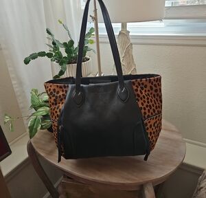 Aimee Kestenberg Black Leather Tote with Calf Hair Leopard Sides
